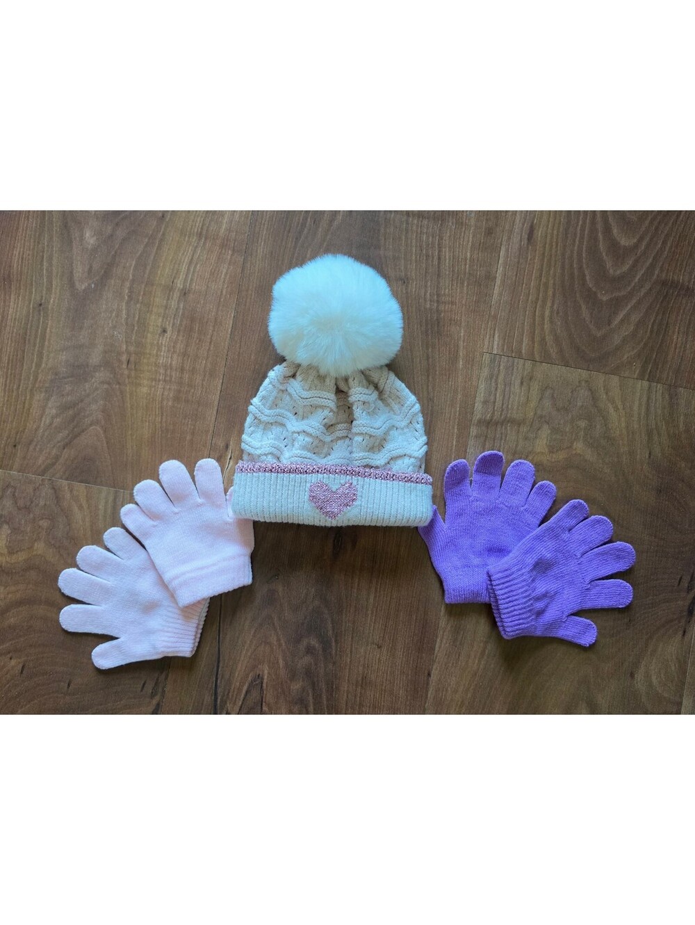Laura Ashley Toddler Girls Heart Pom Beanie 12-24M & WonderNation Gloves Set,395